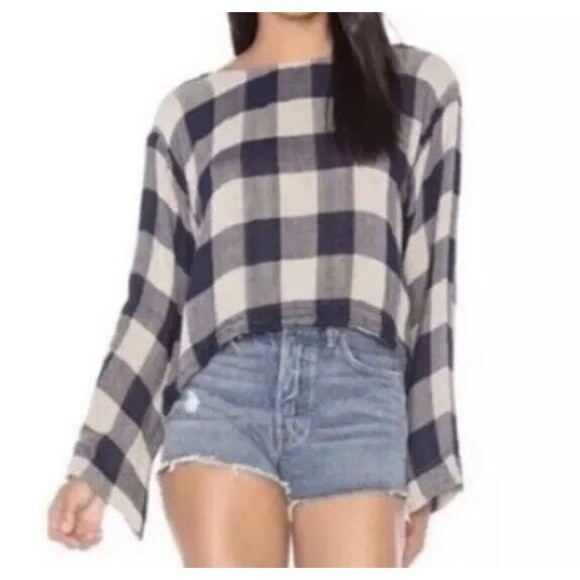 Cloth & Stone Anthropologie Top Womens L Gingham Plaid Button Back cropped boho - Picture 1 of 8